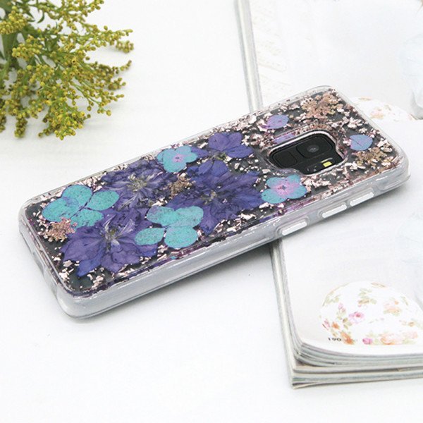 Wholesale Galaxy S9+ (Plus) Luxury Glitter Dried Natural Flower Petal Clear Hybrid Case (Bronze Blue)
